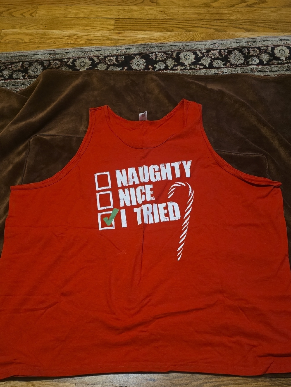 Gildan Red Tank Top "Naughty Nice I Tried" Graphic